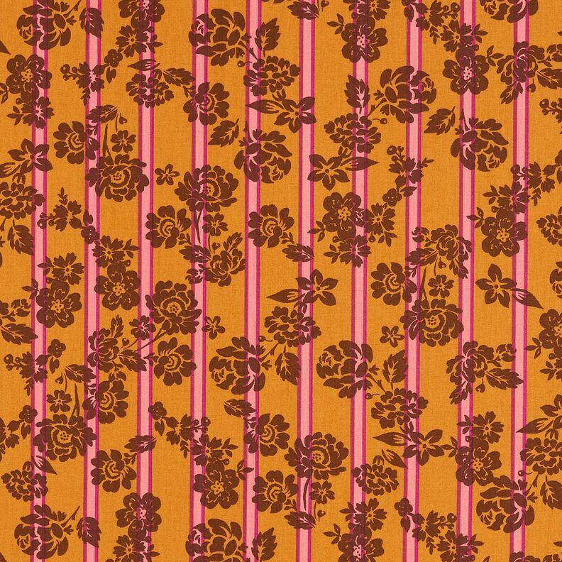 Bomuldsstof Cretonne blomster på striber – karrygul/purpur,  image number 1
