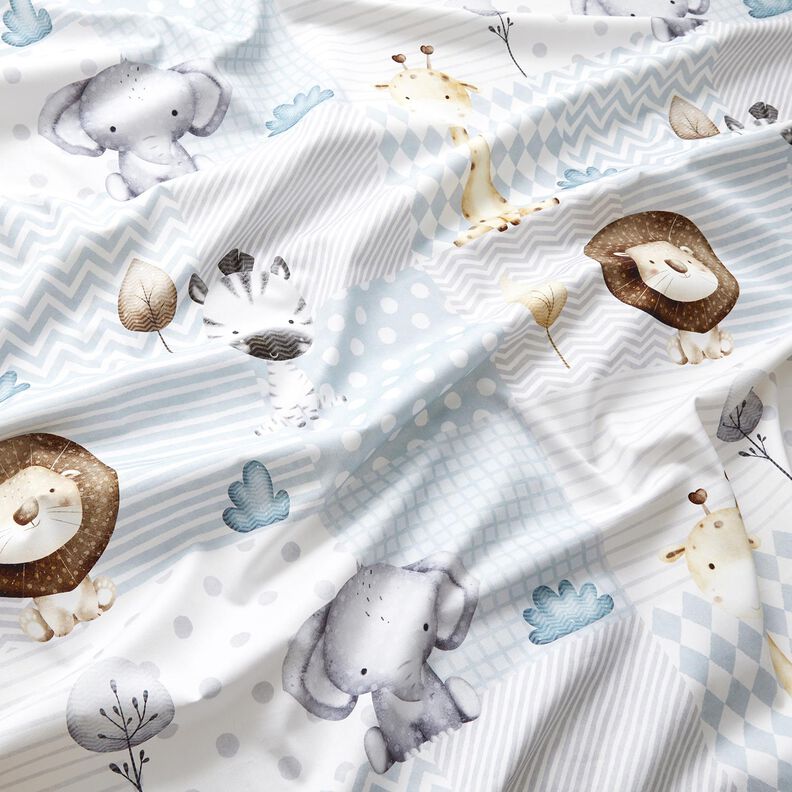 Dekorationsstof Bomuldskiper baby-jungledyr Digitaltryk – hvid/lyseblå,  image number 2