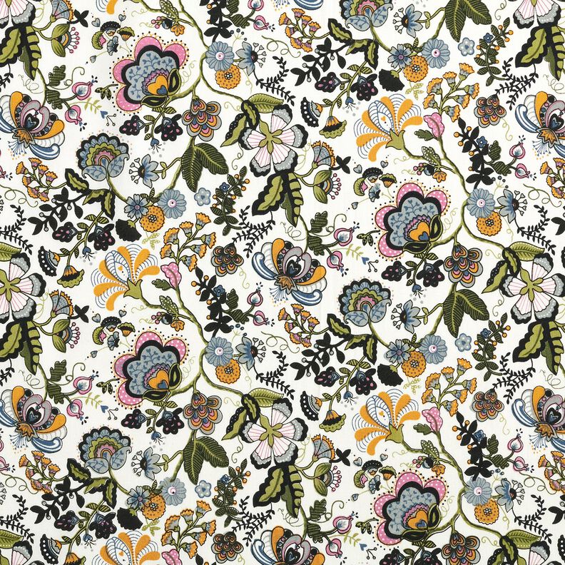 Bomuldspoplin Paisley-blomster – elfenben/dueblå,  image number 1