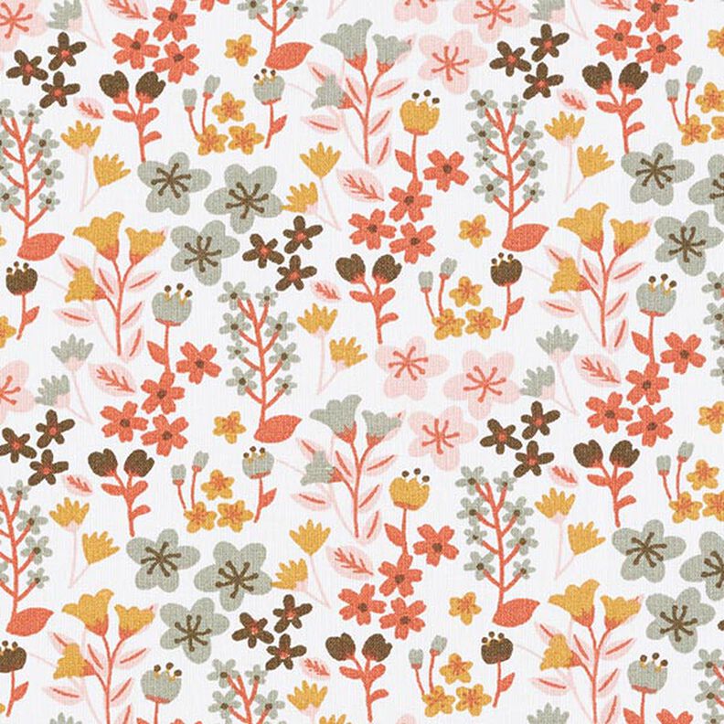 Bomuldsstof Cretonne fine blomster – orange/hvid,  image number 1