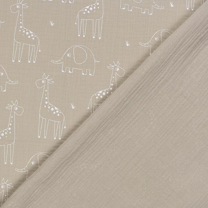 Musselin/Dobbelt-Crincle stof store giraffer og elefanter – silkegrå,  image number 4