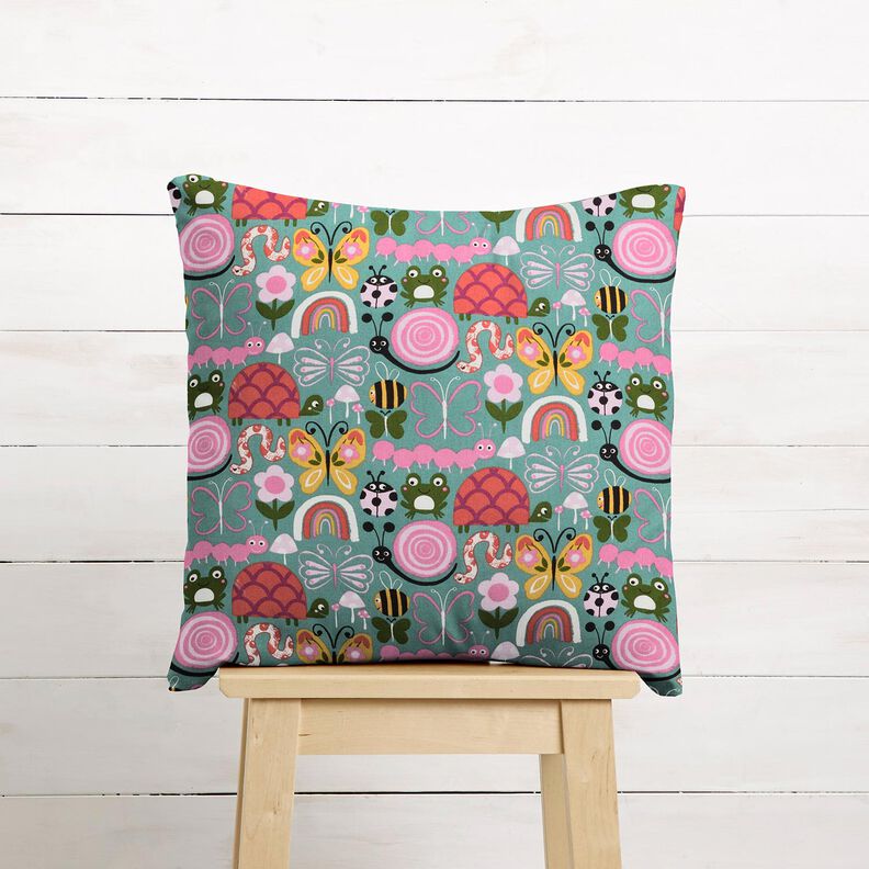 Bomuldsstof Cretonne sommerfugle og bier – eukalyptus/rosa,  image number 7