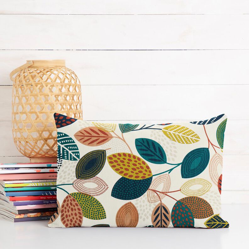 Dekorationsstof Panama prikkede blade – uldhvid/petrol,  image number 8