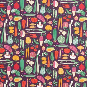 Bomuldsstof Cretonne grøntsagsvarianter – aubergine/grøn, 