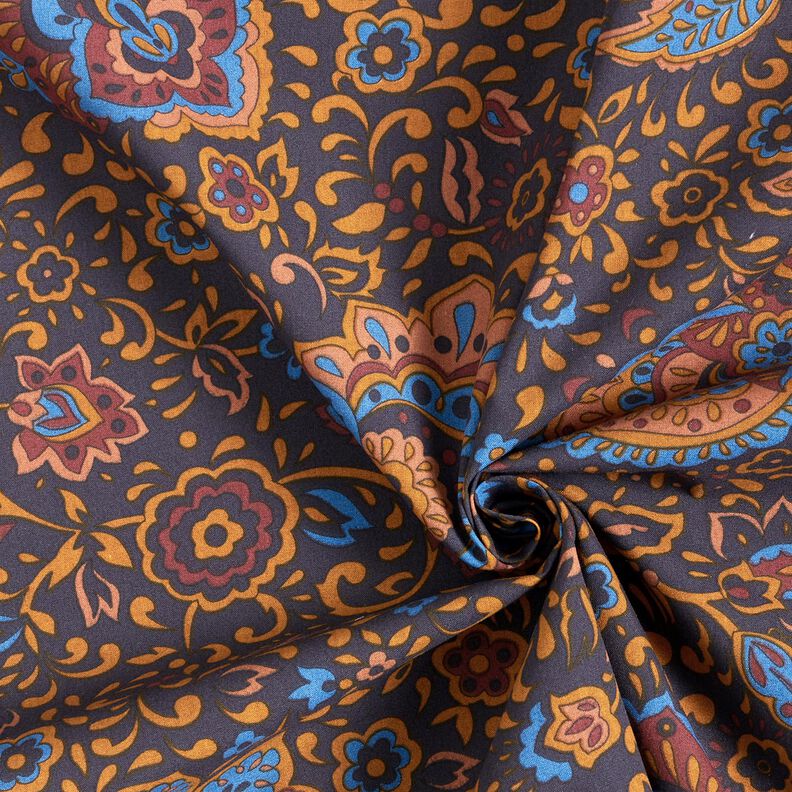 Skjortestof retroblomster og paisleymønstre – natblå/karamel,  image number 3