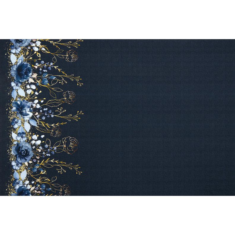 Bomuldsjersey bordurestof blomster i guldglimmer | Glitzerpüppi – natblå/jeansblå,  image number 8