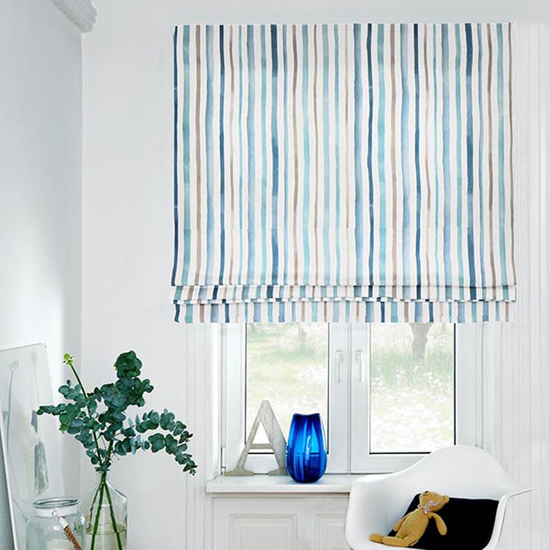 Dekorationsstof Halvpanama Vandfarver striber – hvid/blå,  image number 6