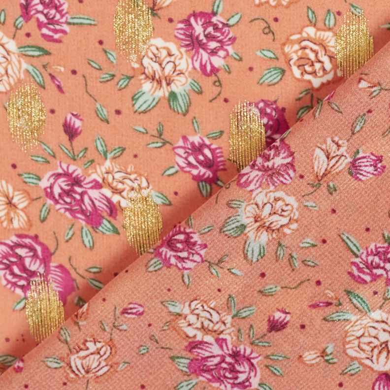 crêpe chiffon blomster og guldprikker – hummerfarvet,  image number 4