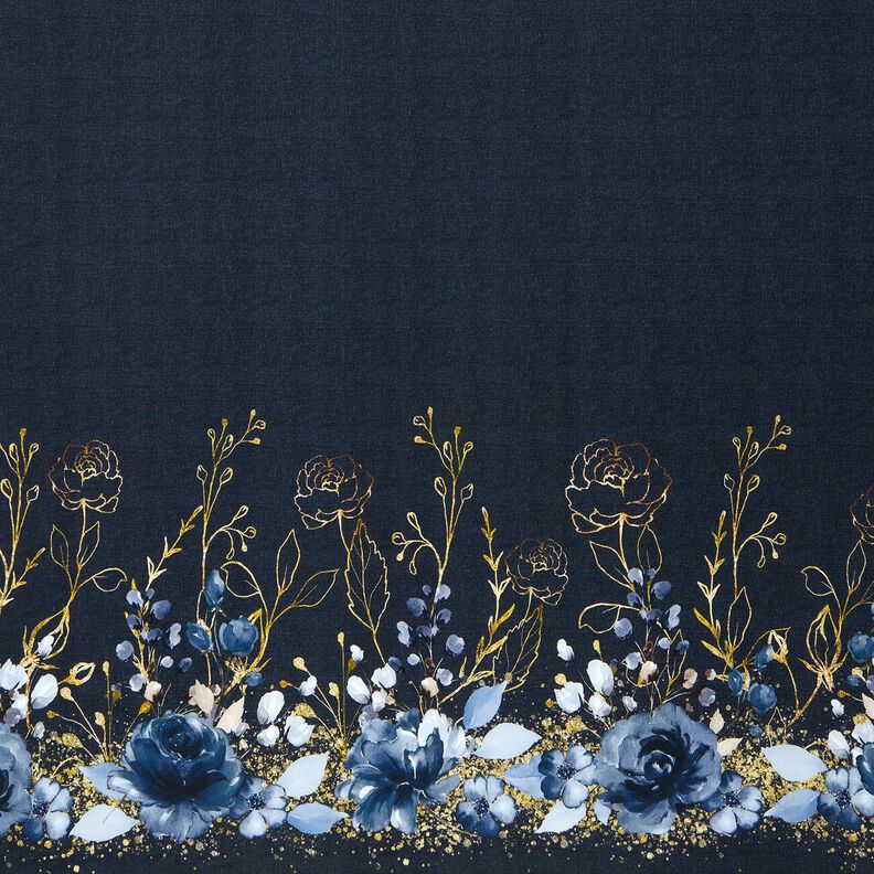Bomuldsjersey bordurestof blomster i guldglimmer | Glitzerpüppi – natblå/jeansblå,  image number 1