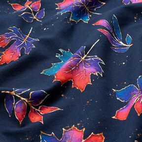 French Terry Farverige efterårsblade | Glitzerpüppi – natblå/ildrød, 