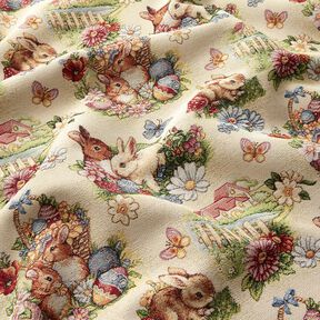 Dekorationsstof Gobelin Påskeharer i haven – lysebeige/bær, 