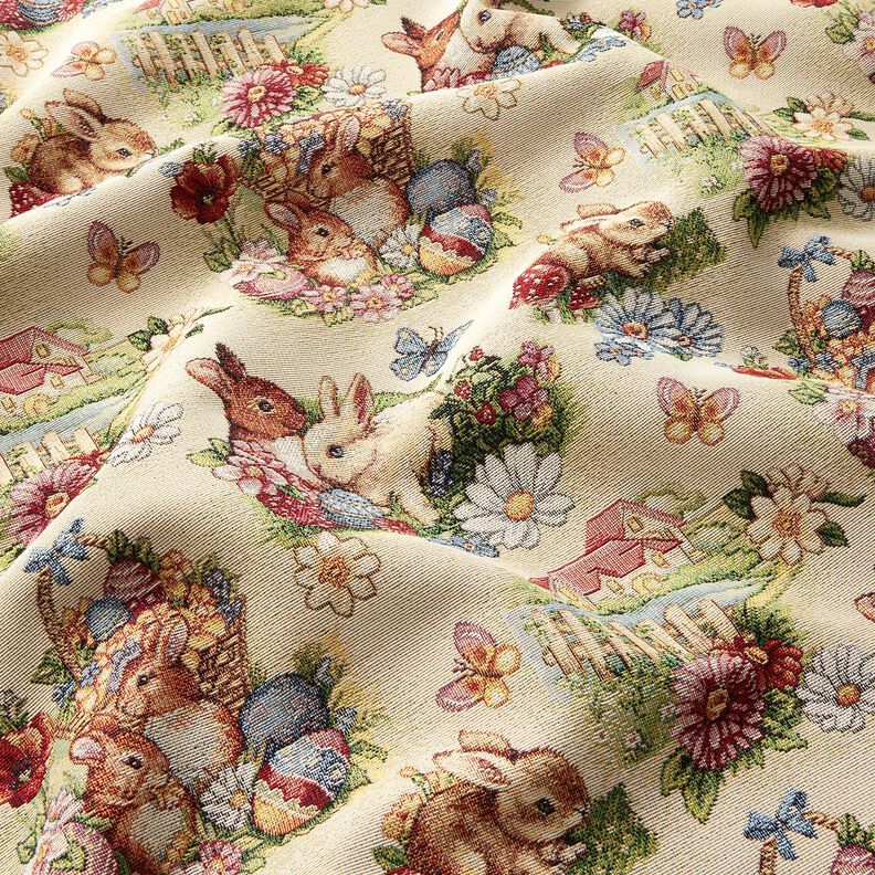 Dekorationsstof Gobelin Påskeharer i haven – lysebeige/bær,  image number 2