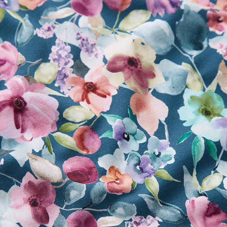 French Terry Sommersweat akvarel-blomstereng Digitaltryk – havblå,  image number 2