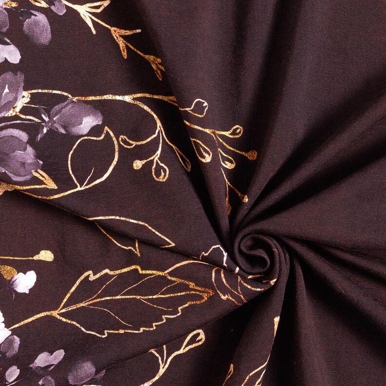 Bomuldsjersey Bordure stof Blomster i guldglimmer | Glitzerpüppi – bordeaux/pastelhyld,  image number 3