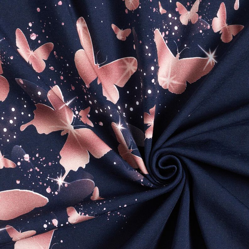 Bomuldsjersey Glitrende sommerfugle | Glitzerpüppi – natblå/gammelrosa,  image number 3