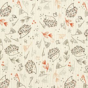 Musselin/Dobbelt-Crincle stof Pindsvin og skovplanter &ndash; uldhvid, 