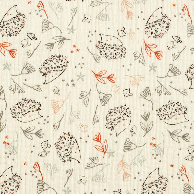 Musselin/Dobbelt-Crincle stof Pindsvin og skovplanter &ndash; uldhvid,  image number 1