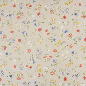 Dekorationsstof Halvpanama alpeblomster – natur/blå, 