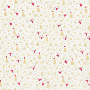 Bomuldsstof Poplin hjerter og stjerner – uldhvid/guld, 