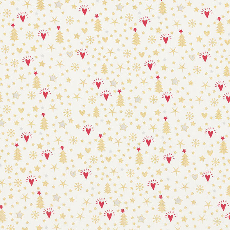 Bomuldsstof Poplin hjerter og stjerner – uldhvid/guld,  image number 1