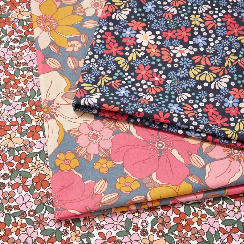 Bomuldsstof Cretonne små retroblomster – hvid/rosa,  image number 5