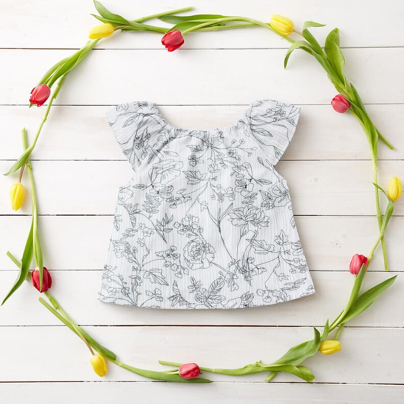 Musselin/Dobbelt-Crincle stof Malet blomstereng – hvid/sort,  image number 5