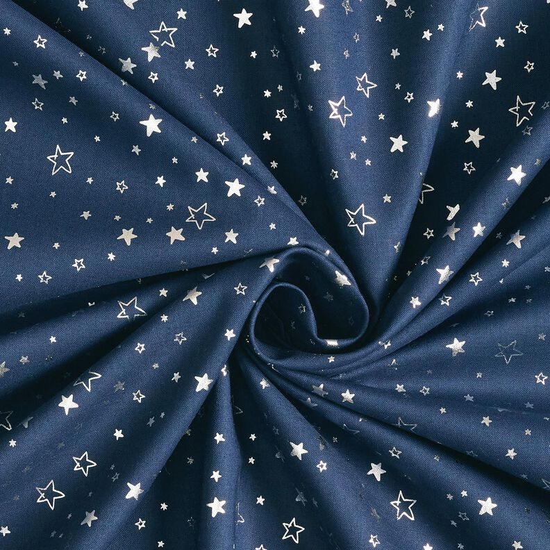 Bomuldsstof Poplin Folietryk julestjerner – natblå/sølv metallic,  image number 3