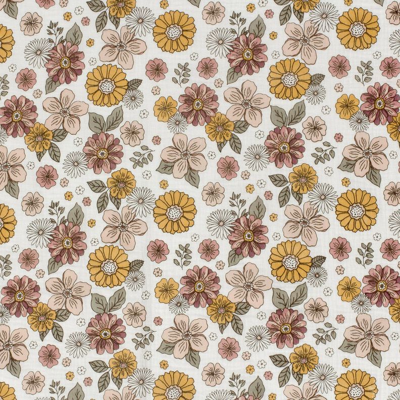 Musselin/Dobbelt-Crincle stof retroblomster – hvid,  image number 1