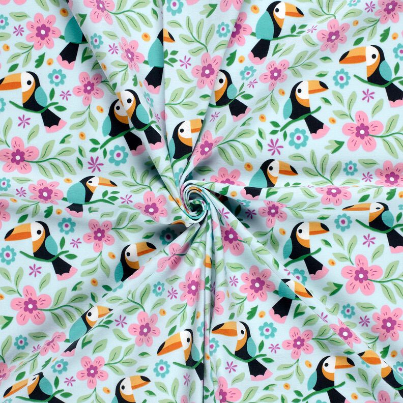 Bomuldsjersey tukaner i blomsterjunglen – babyblue/orange,  image number 3