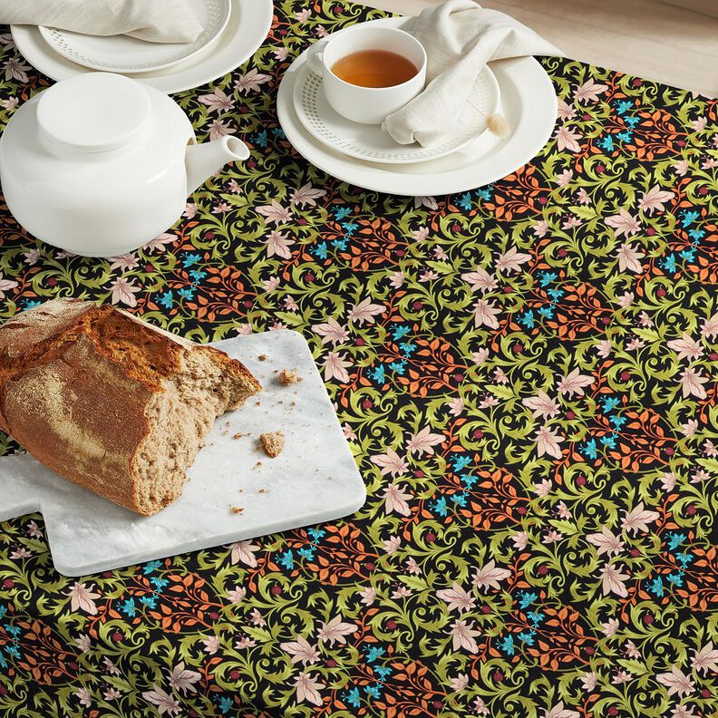 Dekorationsstof Halvpanama bladornamenter – sort/pinje,  image number 6