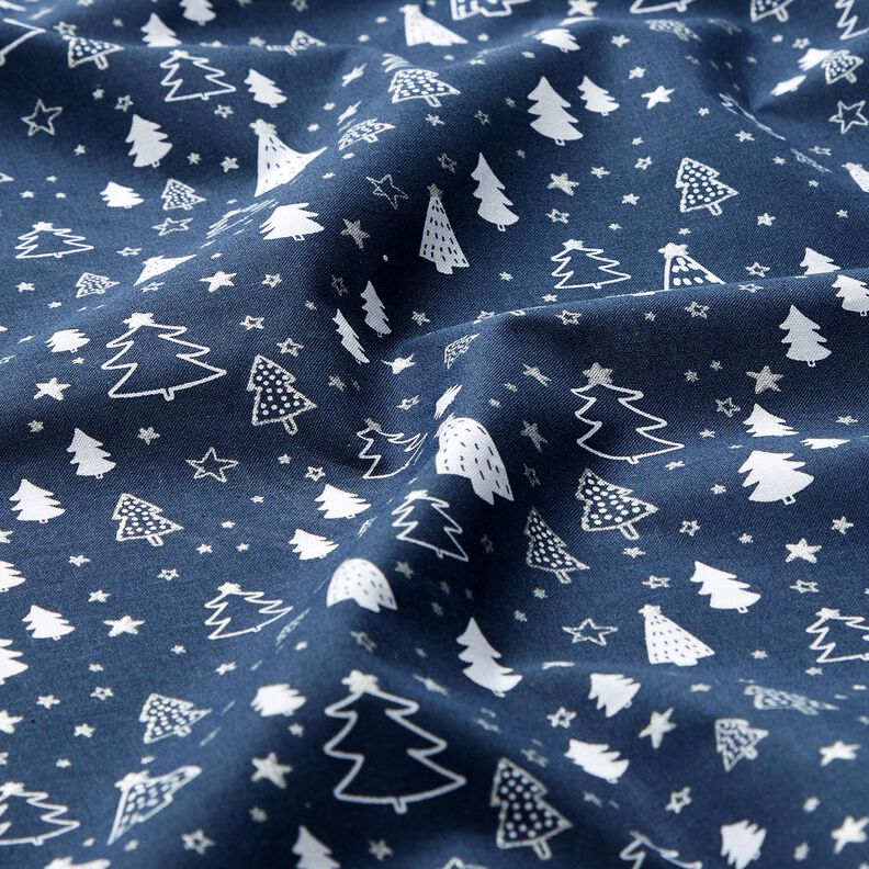 Bomuldsstof Poplin Små juletræer – marineblå/hvid,  image number 2