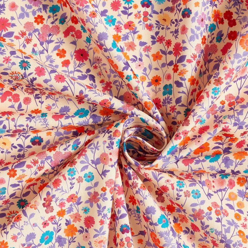 Bomuldsstof Poplin farverige blomster – lysebeige/lavendel,  image number 3