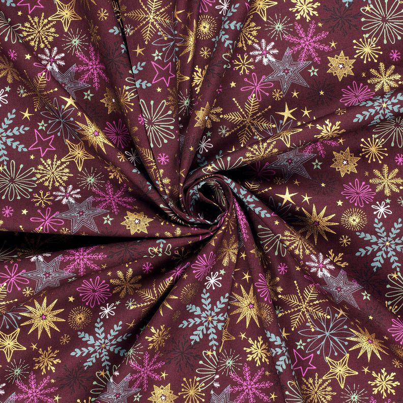 Bomuldsstof Poplin stjerneblanding – bordeaux/guld,  image number 3