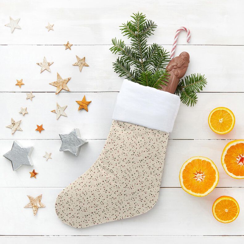 Dekorationsstof Halvpanama festlige stjerner – natur/karminrød,  image number 5