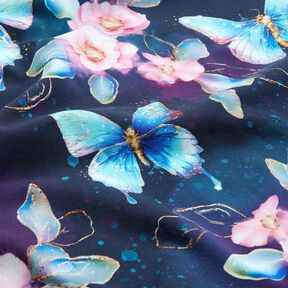 Bomuldsjersey glitrende sommerfugle og blomster | Glitzerpüppi  – natblå/isblå, 