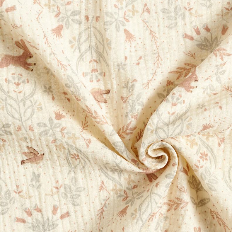 Musselin/Dobbelt-Crincle stof Fugl og hare i blomsterhaven – uldhvid,  image number 3