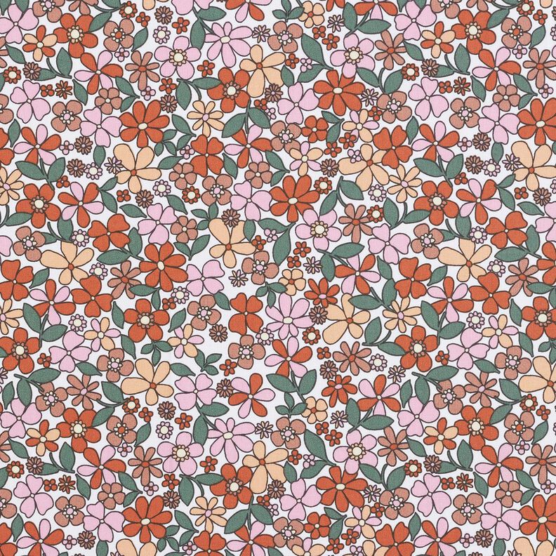 Bomuldsstof Cretonne små retroblomster – hvid/rosa,  image number 1