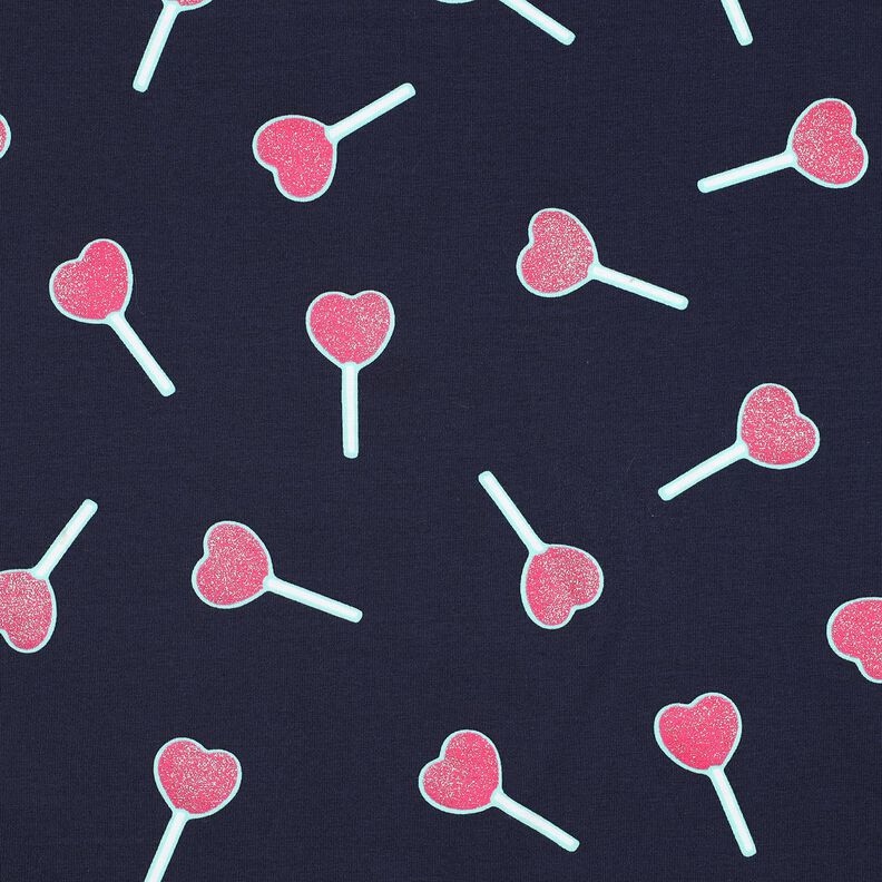 Bomuldsjersey glitter-hjerte-lollipops | Poppy Fabrics – natblå,  image number 1
