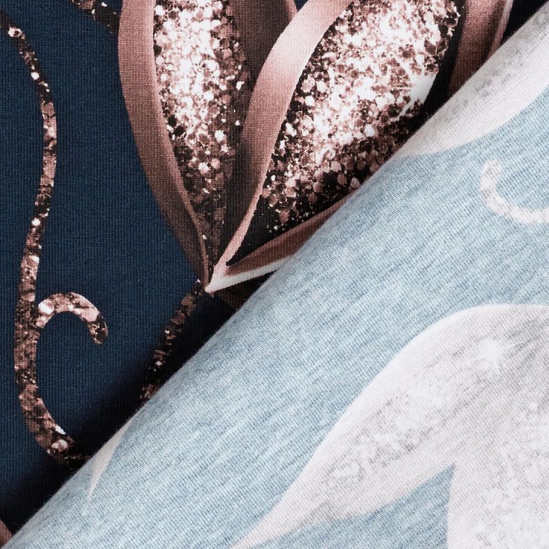 Bomuldsjersey funklende blade | Glitzerpüppi – natblå/mørk gammelrosa,  image number 4