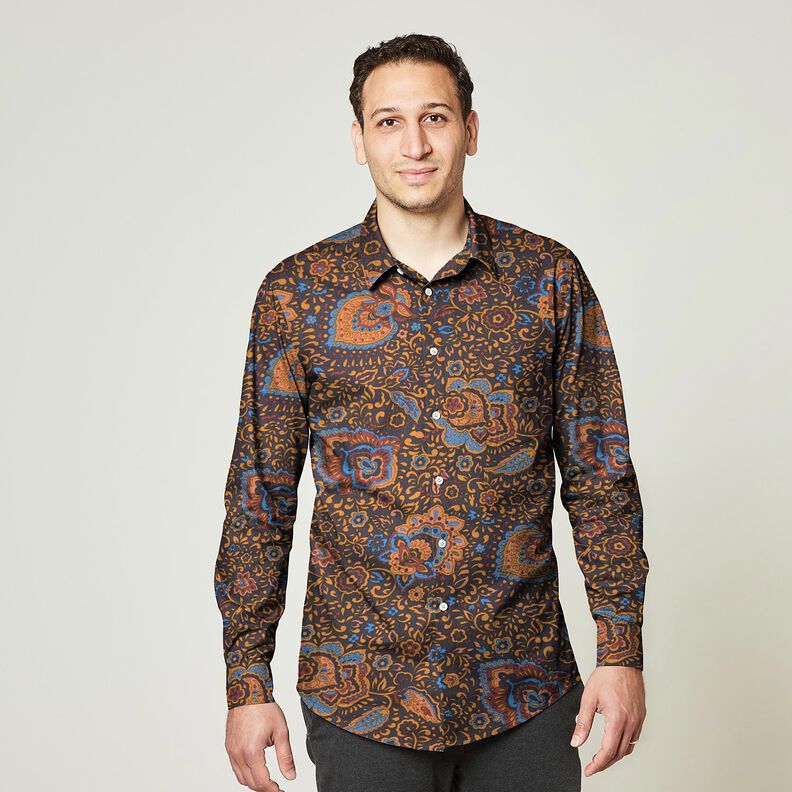 Skjortestof retroblomster og paisleymønstre – natblå/karamel,  image number 5