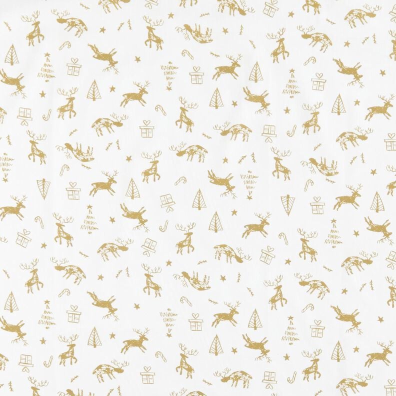 Bomuldsstof Cretonne rensdyr og stjerner – elfenben/guld,  image number 1