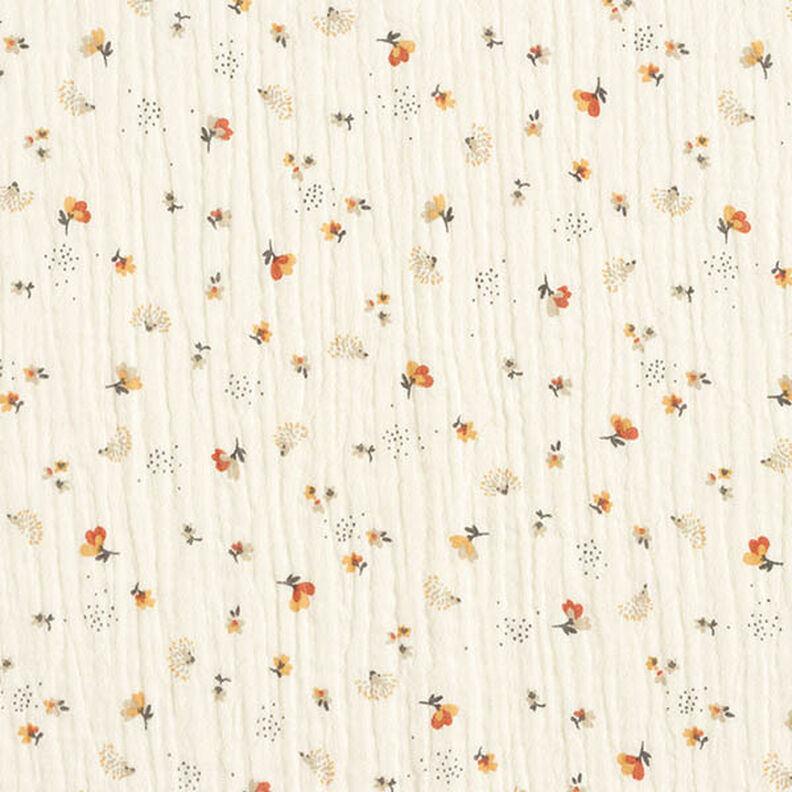 Musselin/Dobbelt-Crincle stof blomster og pindsvin – uldhvid,  image number 1