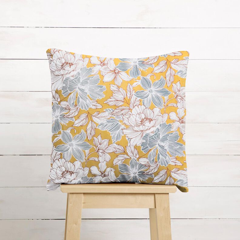 Bomuldsstof Cretonne store blomster – sennep/grå,  image number 6