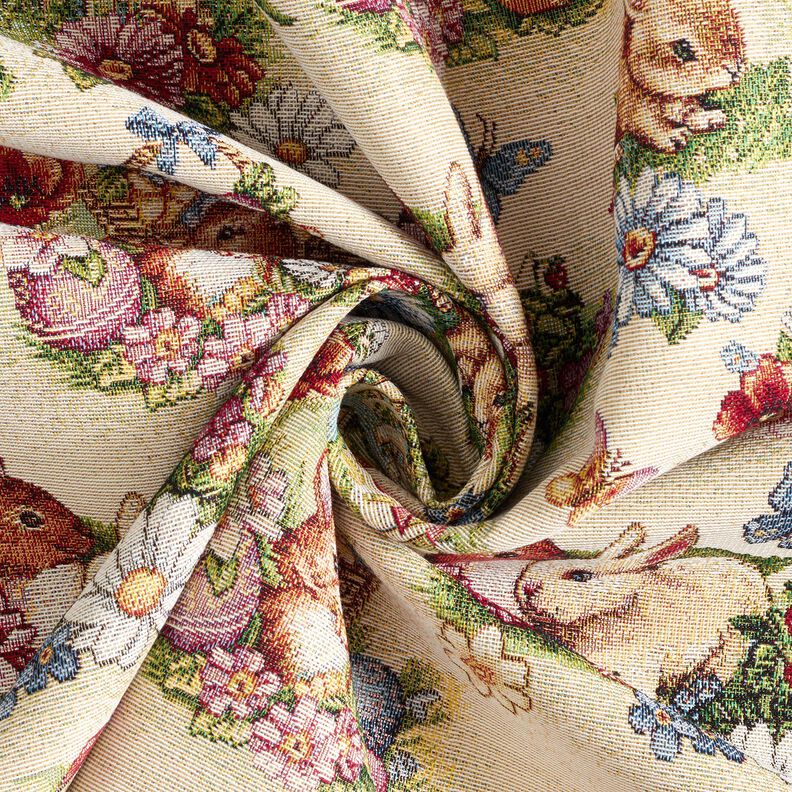 Dekorationsstof Gobelin Påskeharer i haven – lysebeige/bær,  image number 3