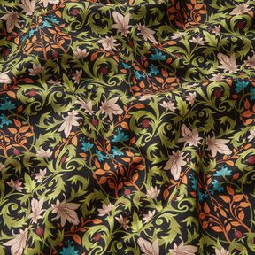 Dekorationsstof Halvpanama bladornamenter – sort/pinje, 