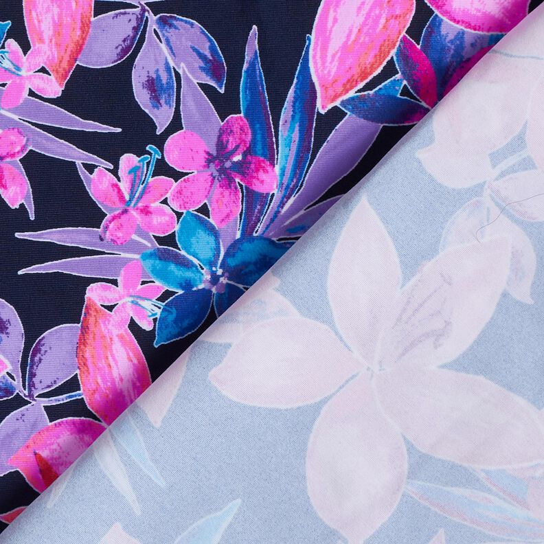 Badetøjsstof Tropiske blomster – marineblå/pink,  image number 4