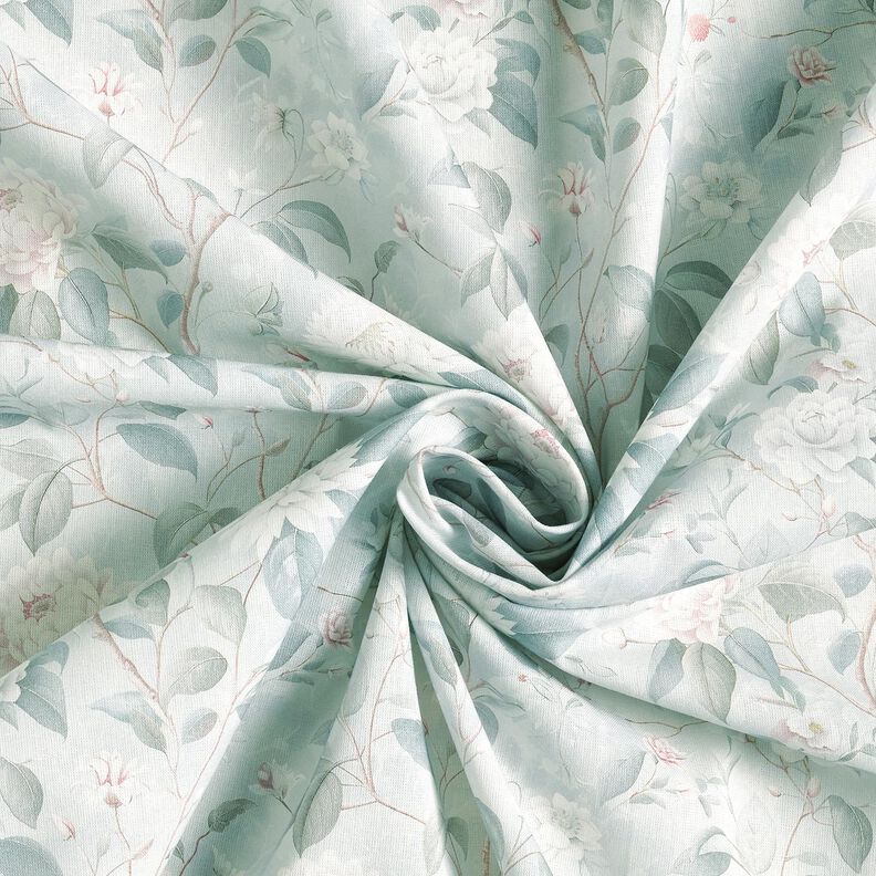 Bomuldsstof Poplin fine blomstergrene – sølvblå,  image number 3