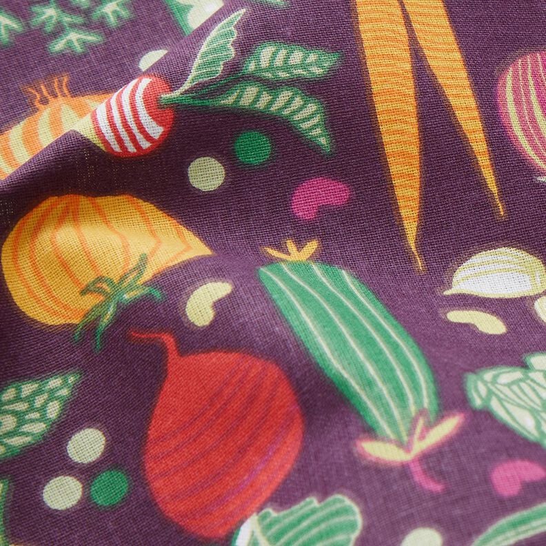 Bomuldsstof Cretonne grøntsagsvarianter – aubergine/grøn,  image number 2