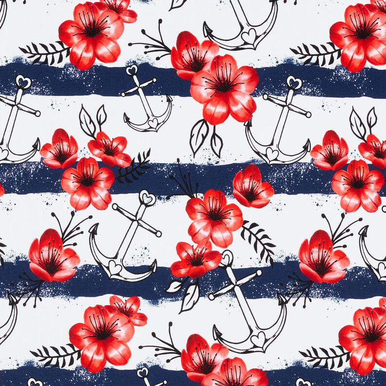 Bomuldsjersey blomster og ankerstriber | Glitzerpüppi – hvid/chili,  image number 1