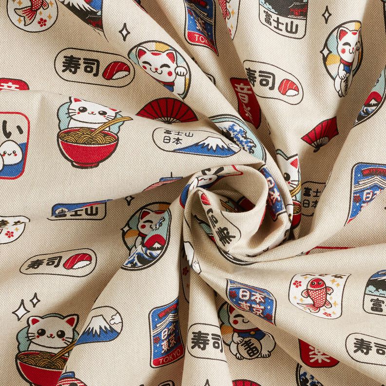 Dekorationsstof Halvpanama asiatiske snacks &ndash; natur/bl&aring;,  image number 3